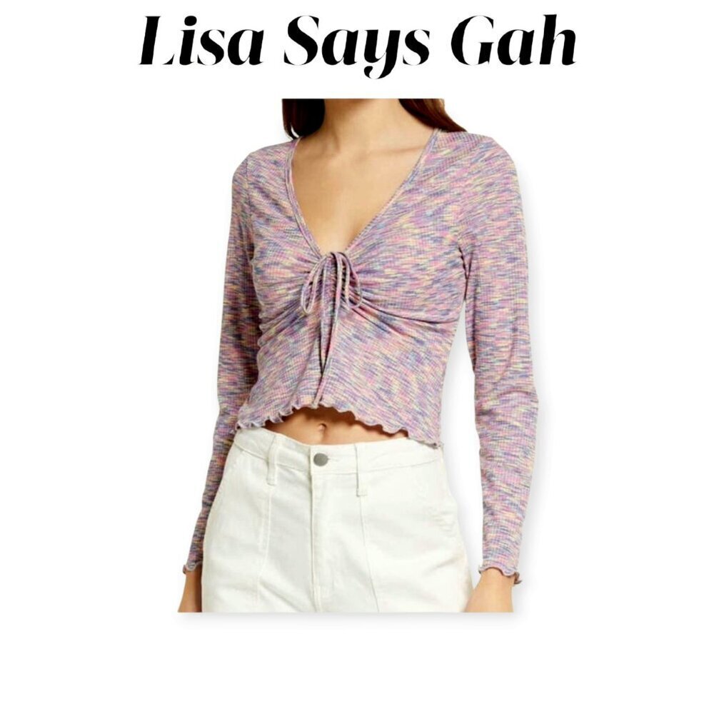 Lisa Says Gah Pink Lavender Spacedye Tie-Up Top Long Sleeve Cotton Blend M